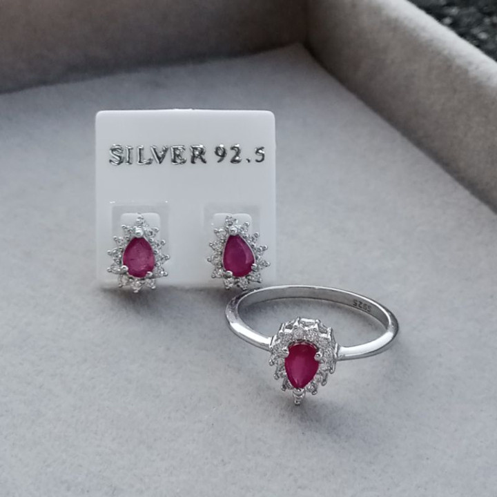 Sparkling Ruby and Silver Ring and Earring Set - Size 58.5