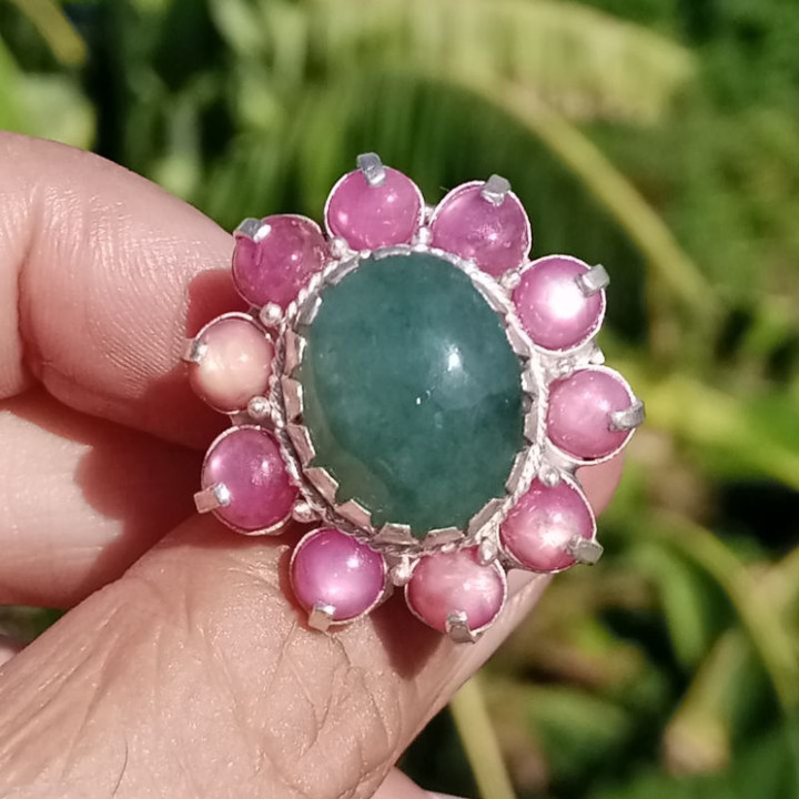 Genuine Burmese Jade and Ruby Ring | 925 Sterling Silver