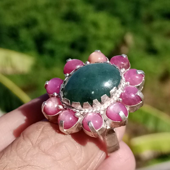 Genuine Burmese Jade and Ruby Ring | 925 Sterling Silver