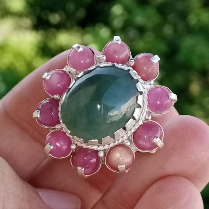 Genuine Burmese Jade and Ruby Ring | 925 Sterling Silver