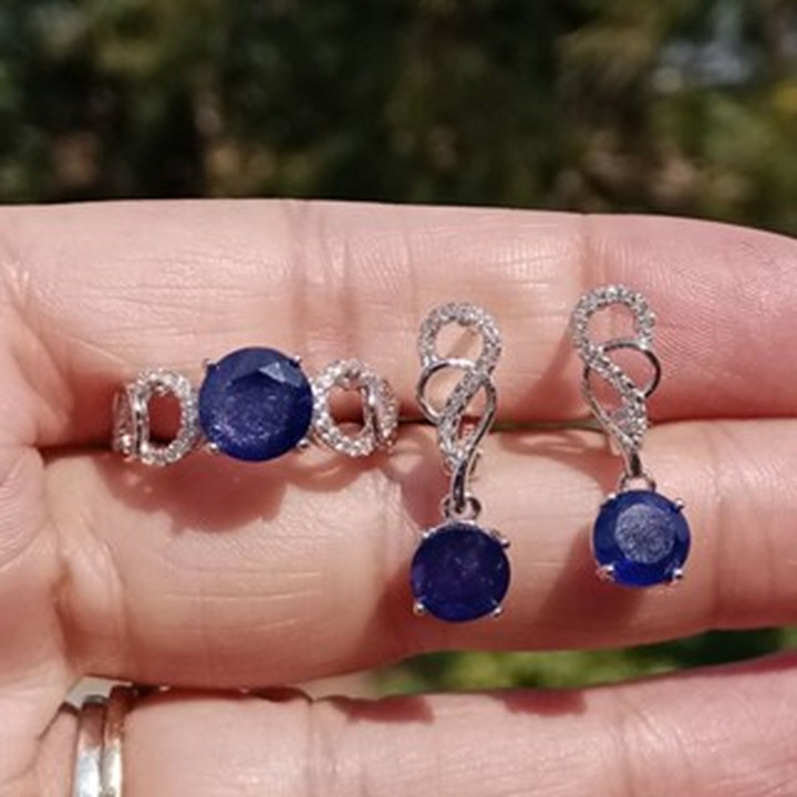 Sapphire and Zircon Sterling Silver Ring and Earring Set