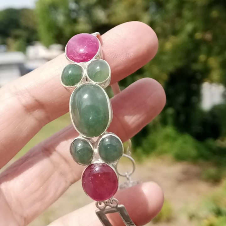 Genuine Jade and Ruby Sterling Silver Bracelet