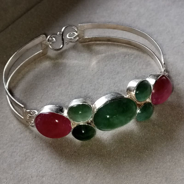 Genuine Jade and Ruby Sterling Silver Bracelet