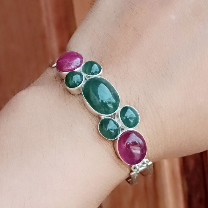 Genuine Jade and Ruby Sterling Silver Bracelet