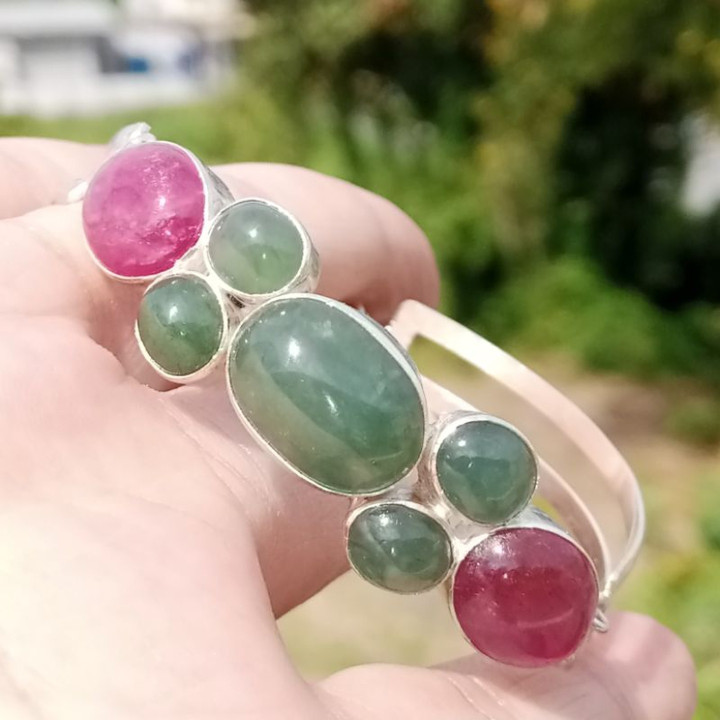 Genuine Jade and Ruby Sterling Silver Bracelet