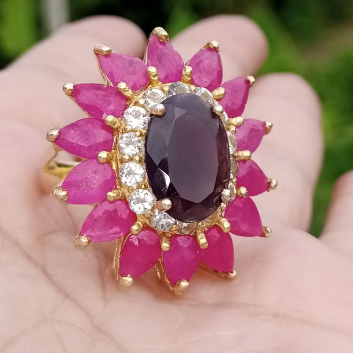 Vintage Black Opal and Ruby Sterling Silver Ring