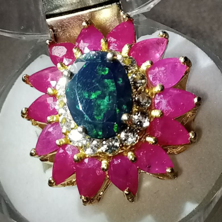 Vintage Black Opal and Ruby Sterling Silver Ring