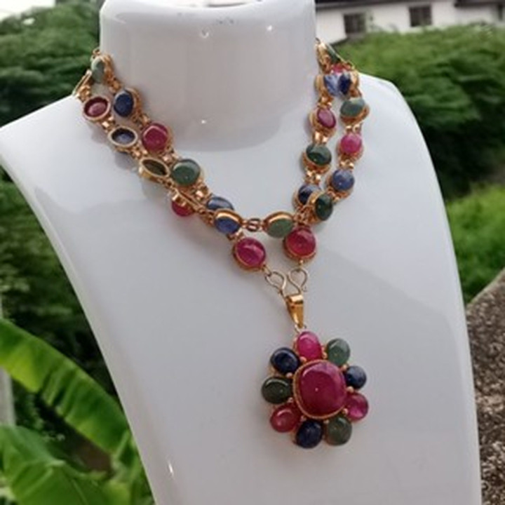 Genuine Ruby, Jade and Sapphire Sterling Silver Necklace