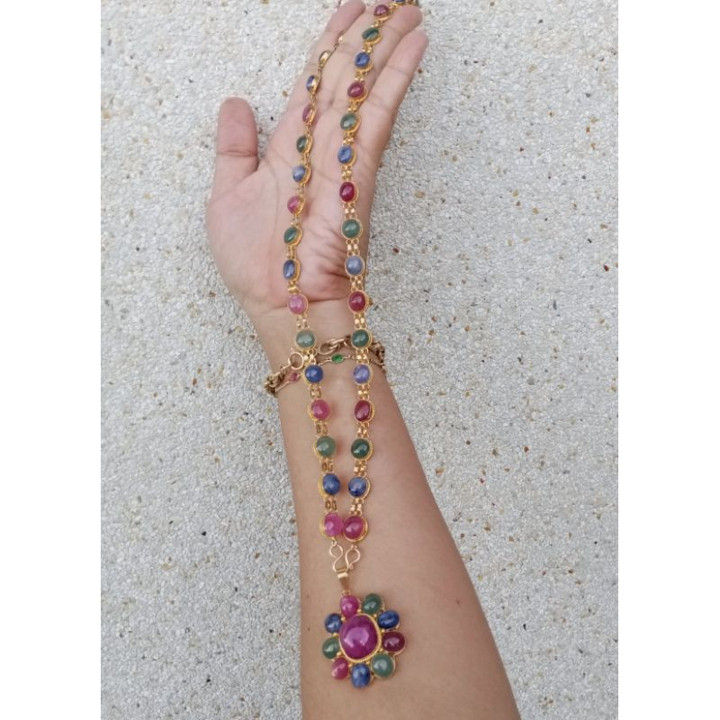 Genuine Ruby, Jade and Sapphire Sterling Silver Necklace
