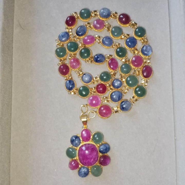 Genuine Ruby, Jade and Sapphire Sterling Silver Necklace
