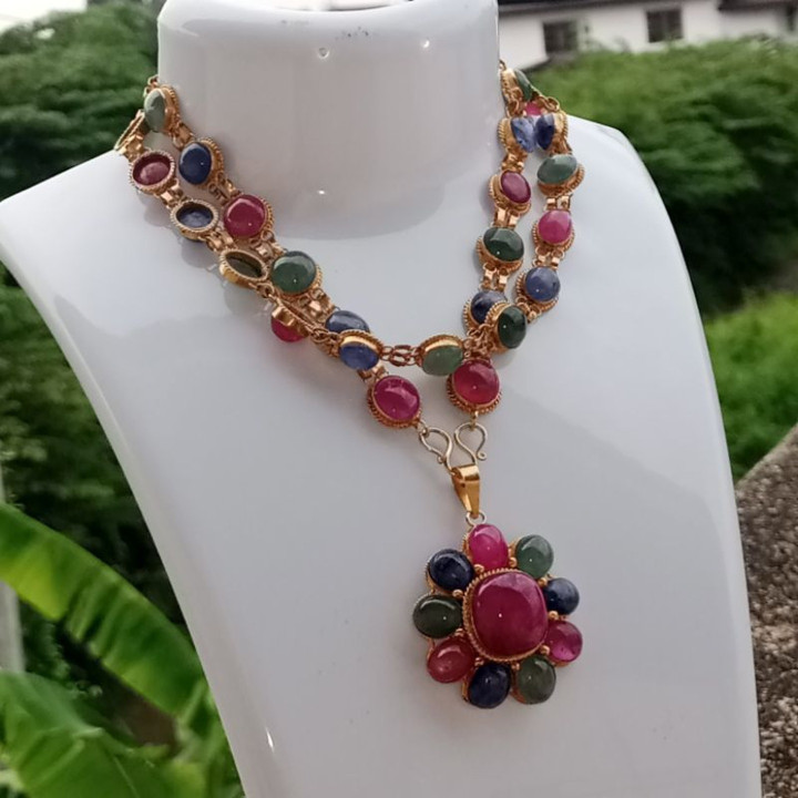 Genuine Ruby, Jade and Sapphire Sterling Silver Necklace