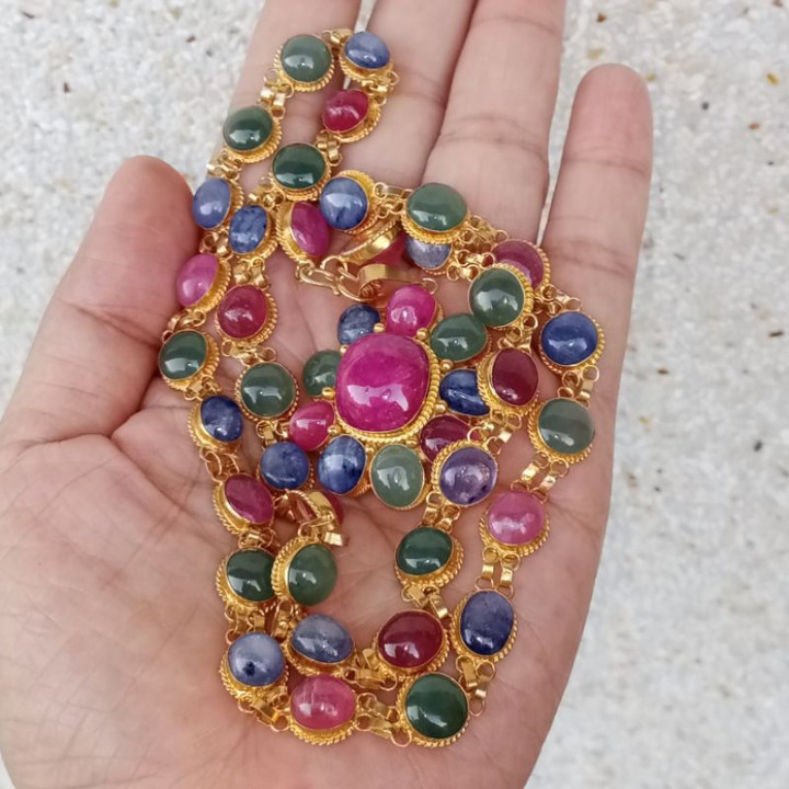 Genuine Ruby, Jade and Sapphire Sterling Silver Necklace
