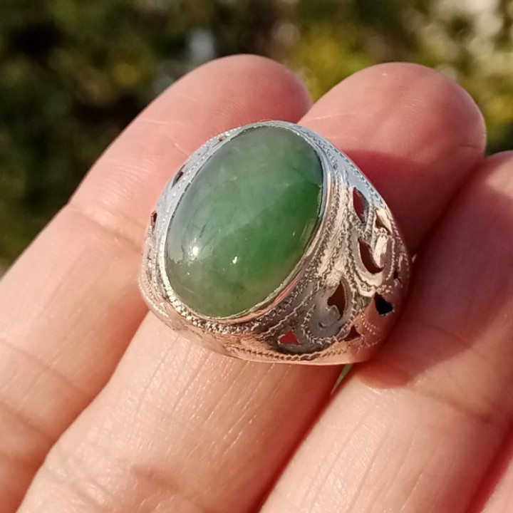 Genuine Burmese Jade Silver Ring | Size 57
