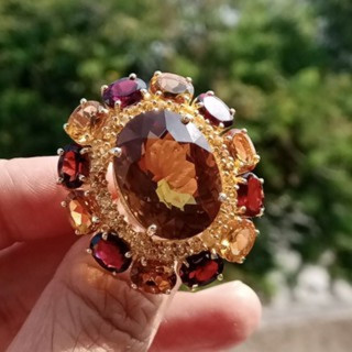 Radiant Citrine and Rhodolite Sterling Silver Ring Size 54