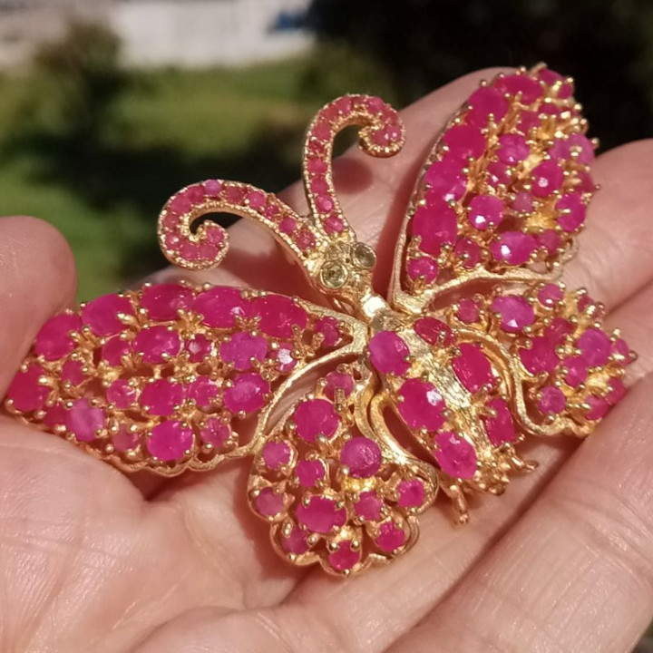 Burmese Ruby Butterfly Brooch | 92.5 Sterling Silver | Antique