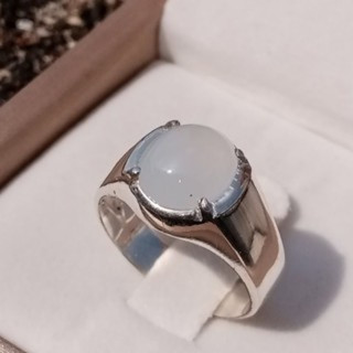 Burmese White Jade Ring in Sterling Silver - Size 57