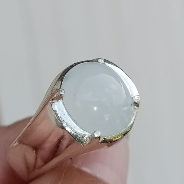 Burmese White Jade Ring in Sterling Silver - Size 57