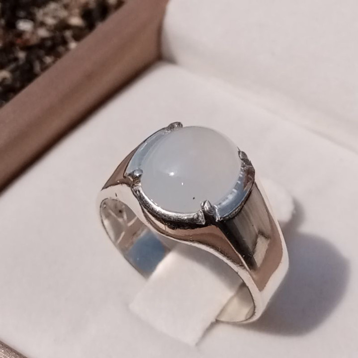 Burmese White Jade Ring in Sterling Silver - Size 57