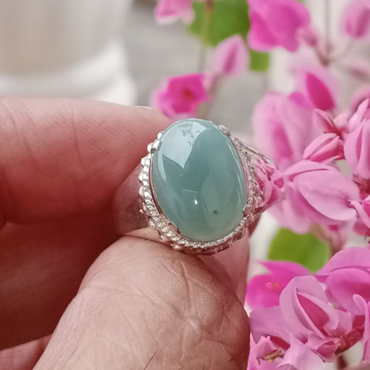 Genuine Burmese Jade Silver Ring (Size 57)