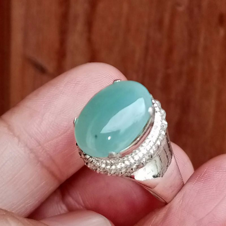 Genuine Burmese Jade Silver Ring (Size 57)