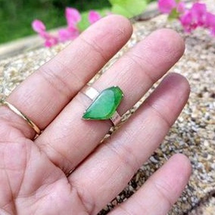 Genuine Burmese Jadeite Sterling Silver Ring (Size 55)