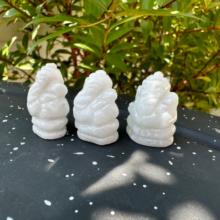 Hand-Carved White Milky Quartz Ganesha Statue