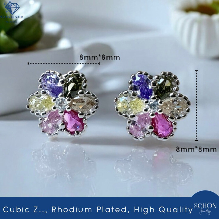 Pendientes de plata de ley con forma de flor y circonita cúbica brillante