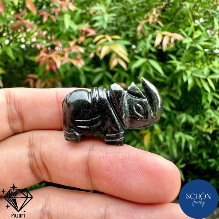 Black Jade Rhinoceros Sculpture - Handcrafted Serpentine Figurine