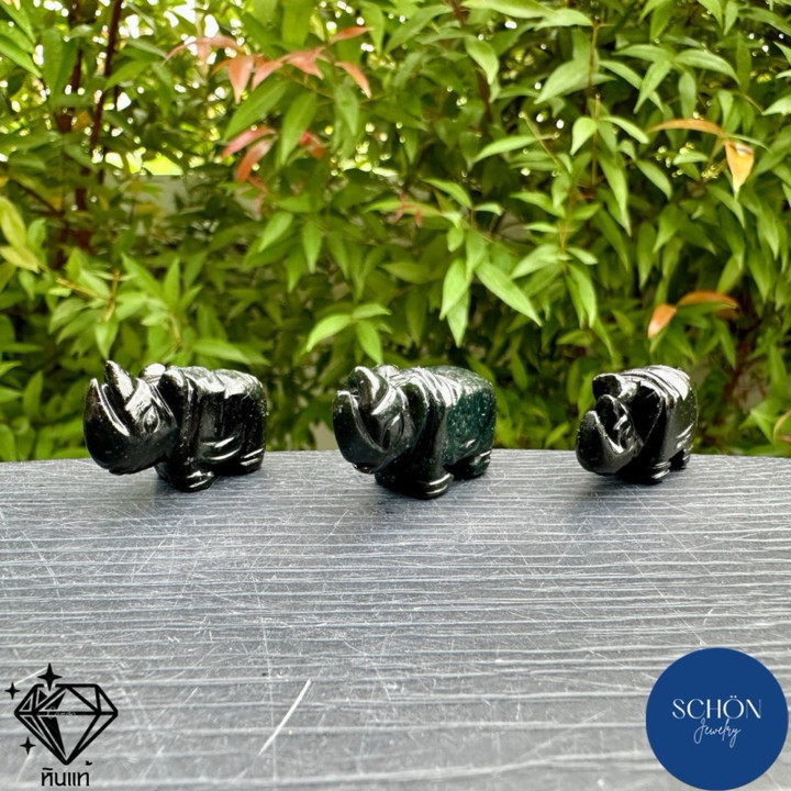 Black Jade Rhinoceros Sculpture - Handcrafted Serpentine Figurine