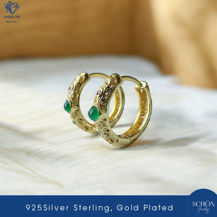 Elegant Imperial Jade Hoop Earrings | Sterling Silver Filigree