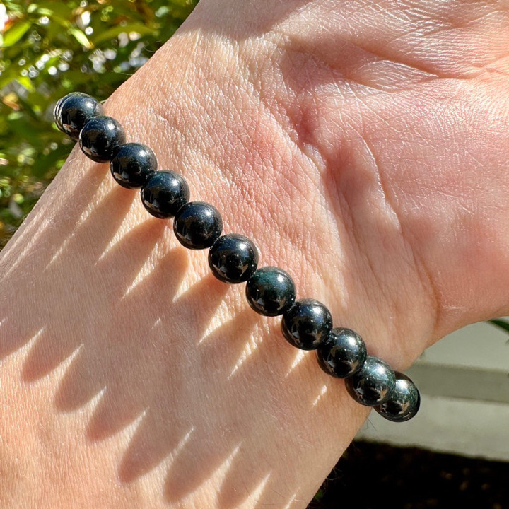 Pulsera de jade auténtico | Brazalete de jade negro con inclusiones verdes