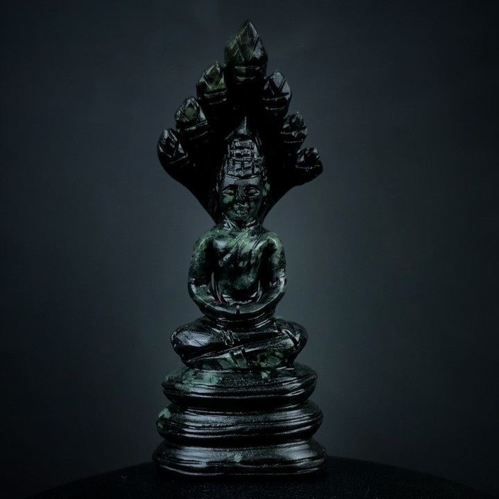 Black Jade Buddha Statue with Serpent Canopy