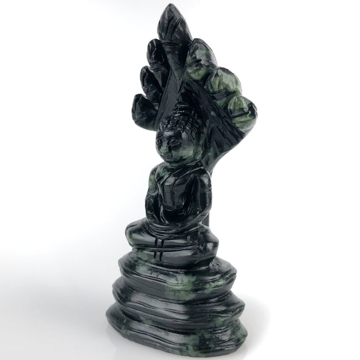 Black Jade Buddha Statue with Serpent Canopy