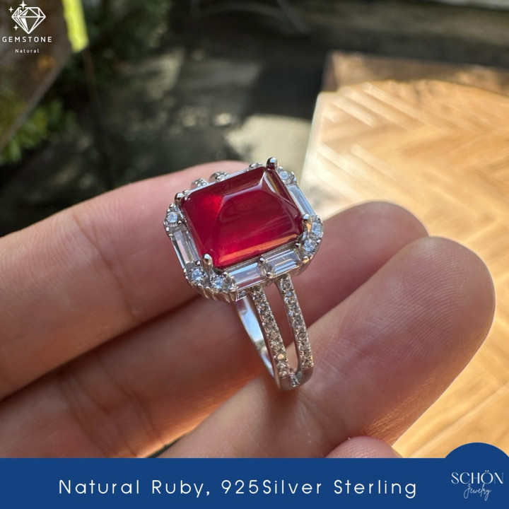 Anillo de rubí auténtico | Diseño de pirámide de arroz, talla esmeralda, plata de ley