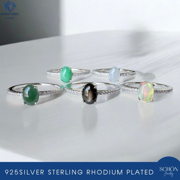 Anillo de jade y ópalo birmano auténtico | Plata de ley 925