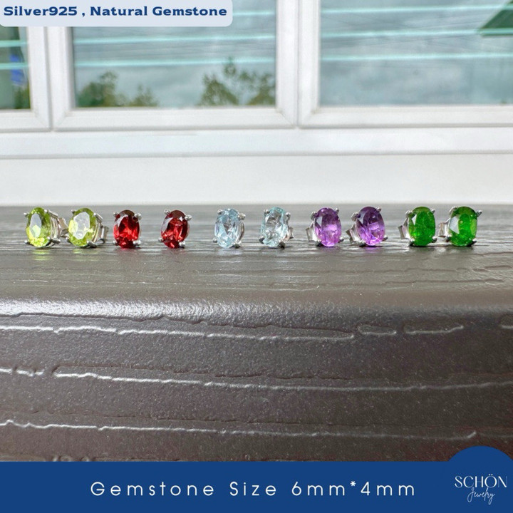 Pendientes de piedras preciosas auténticas | Plata de ley | 925 | 4x6 mm
