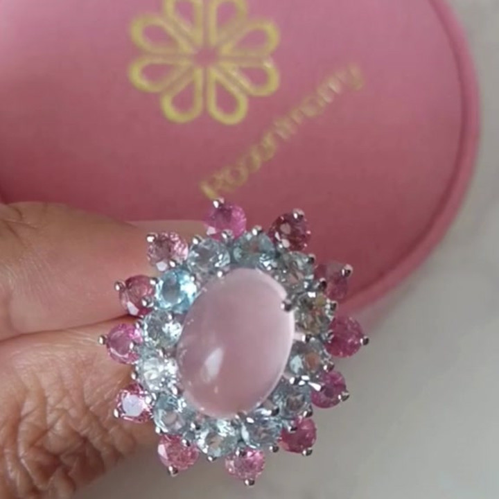 Bague en quartz rose avec topaze et tourmaline - Argent sterling