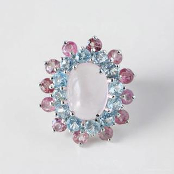 Bague en quartz rose avec topaze et tourmaline - Argent sterling