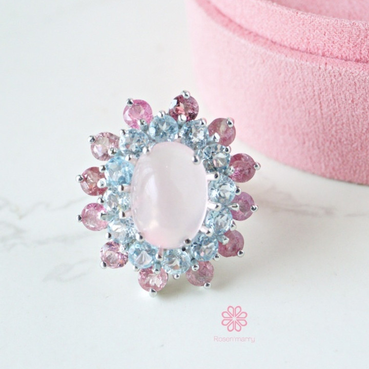 Bague en quartz rose avec topaze et tourmaline - Argent sterling