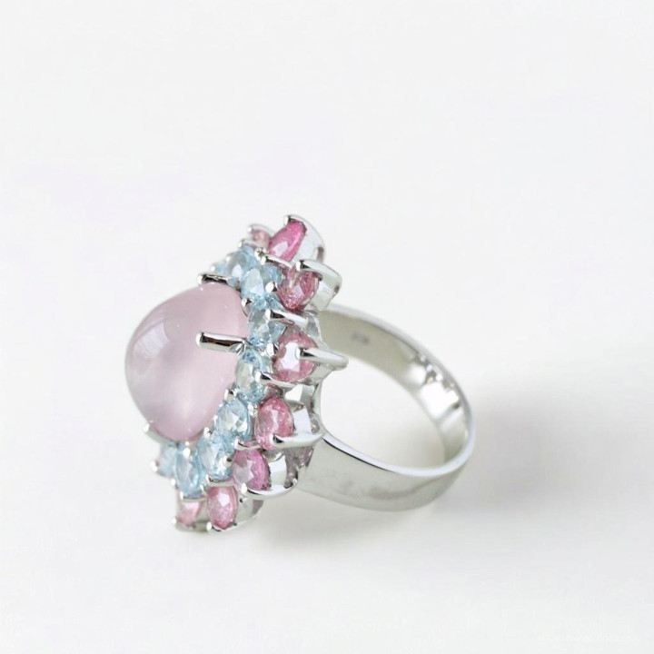 Bague en quartz rose avec topaze et tourmaline - Argent sterling