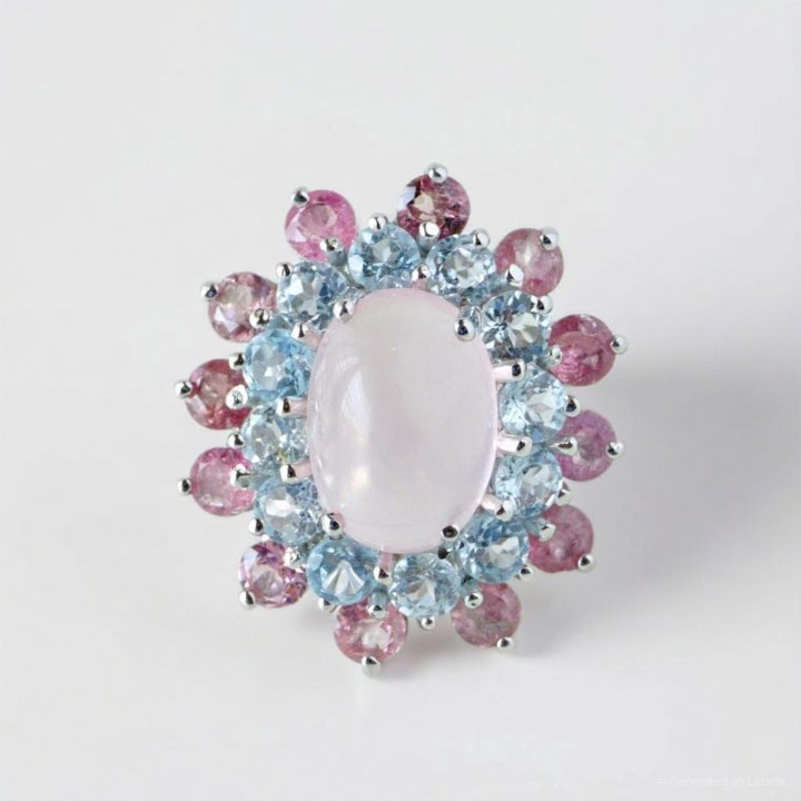 Bague en quartz rose avec topaze et tourmaline - Argent sterling