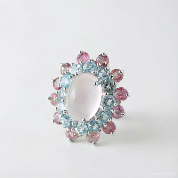 Bague en quartz rose avec topaze et tourmaline - Argent sterling