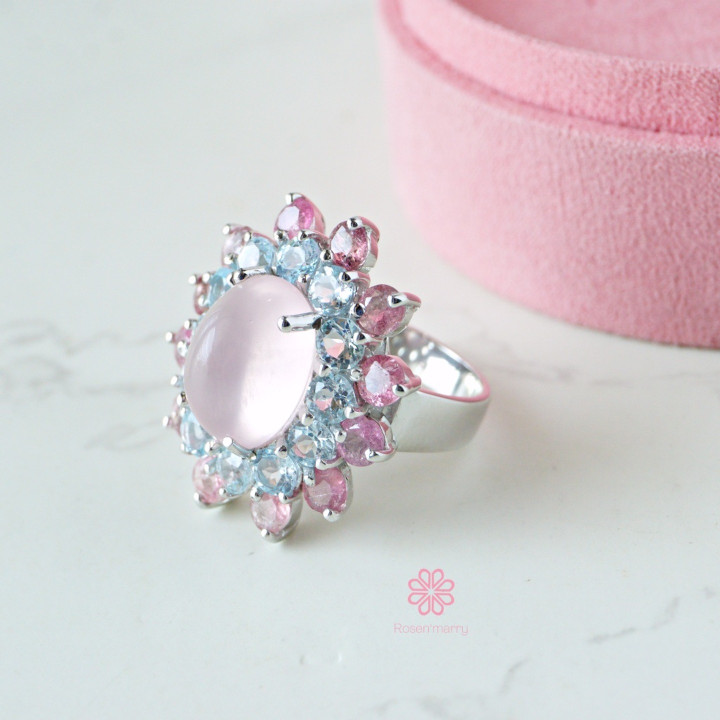 Bague en quartz rose avec topaze et tourmaline - Argent sterling
