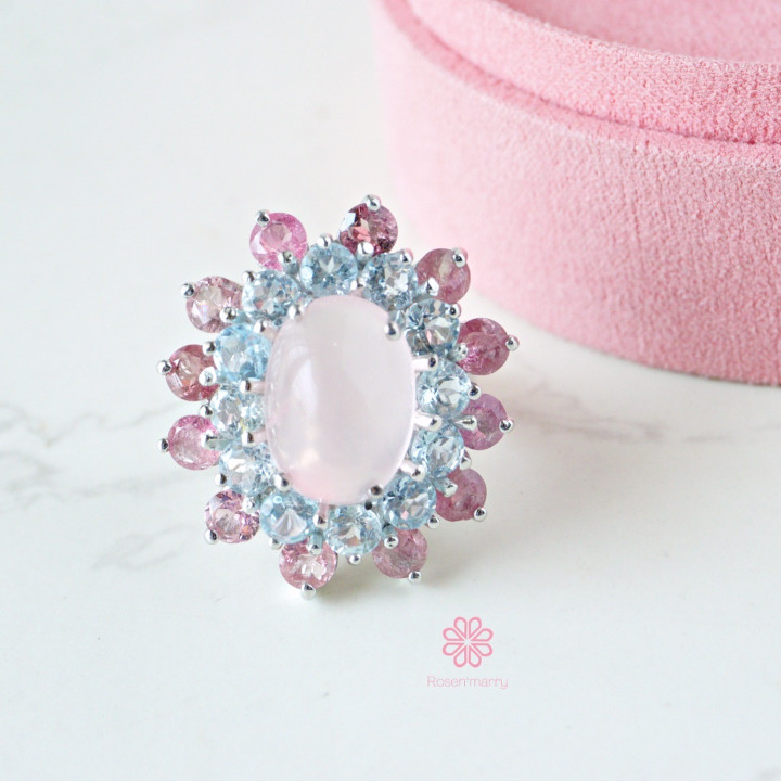 Bague en quartz rose avec topaze et tourmaline - Argent sterling