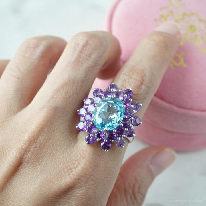 Bague en argent sterling avec améthyste et topaze | Coffret cadeau