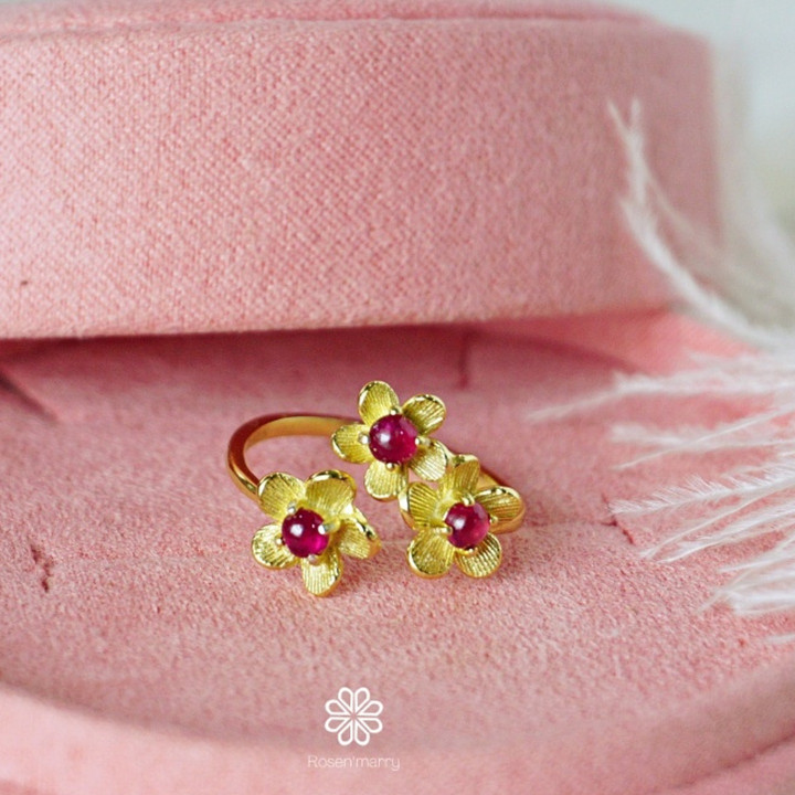 Genuine Red Ruby Flower Ring in Sterling Silver