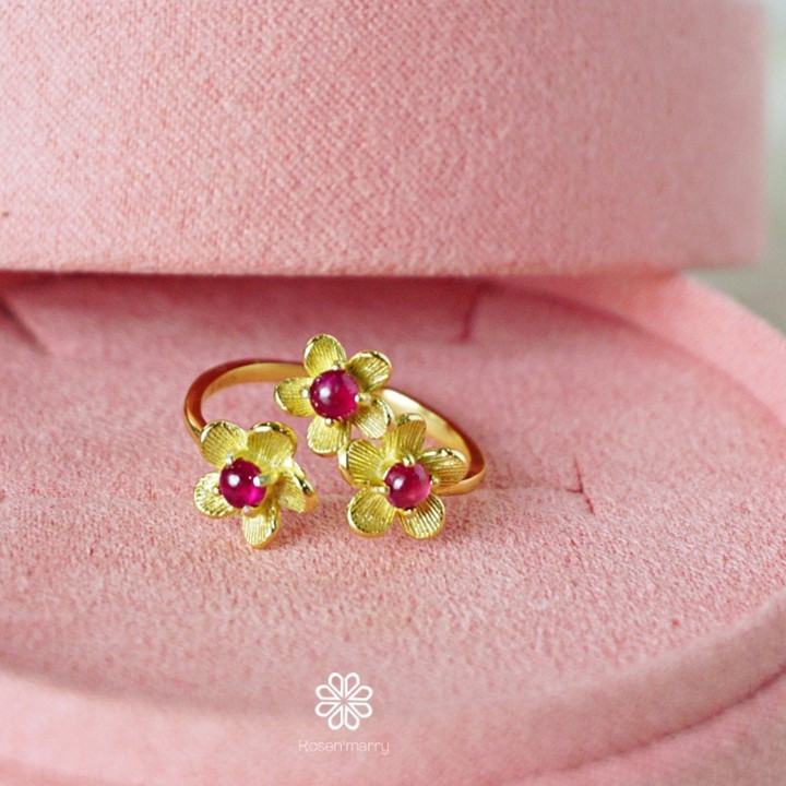 Genuine Red Ruby Flower Ring in Sterling Silver