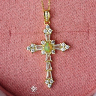 Sterling Silver Gold-Plated Opal Cross Necklace - October Birthstone
