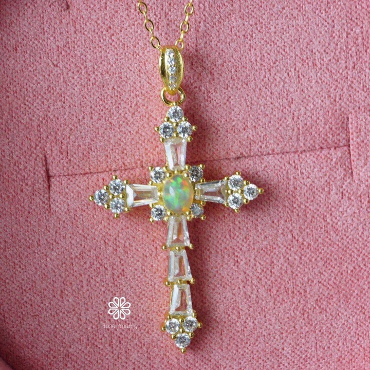Sterling Silver Gold-Plated Opal Cross Necklace - October Birthstone