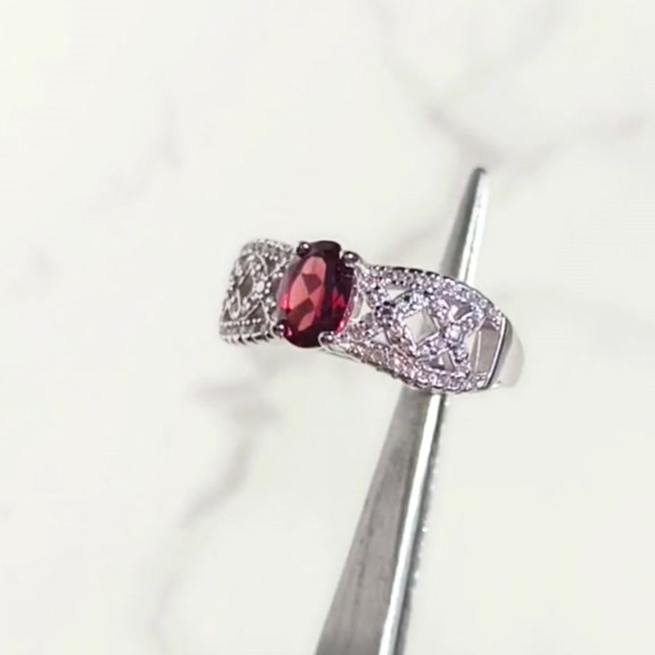 Bague en argent sterling et grenat véritable - Bijou porte-bonheur